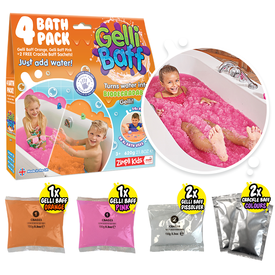 Zimpli Gelli Baff 4 Use Pack - Orange & Pink