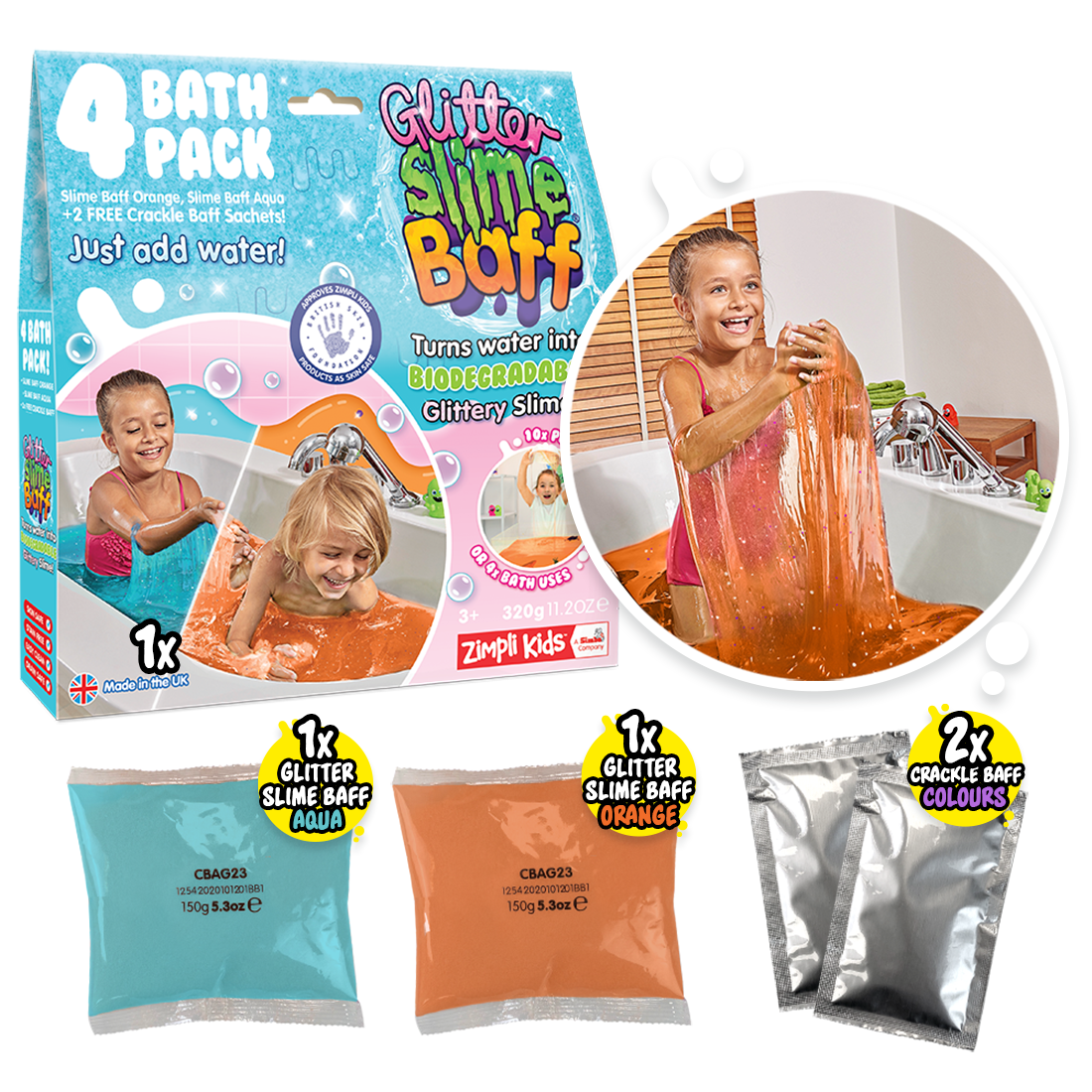 Slime Baff turns your bath water into a gooey, oozy bath of Slime! The Slime  is diluted into coloured water that can be safely drained away! 100%  SAFE,, By Zimpli Kids