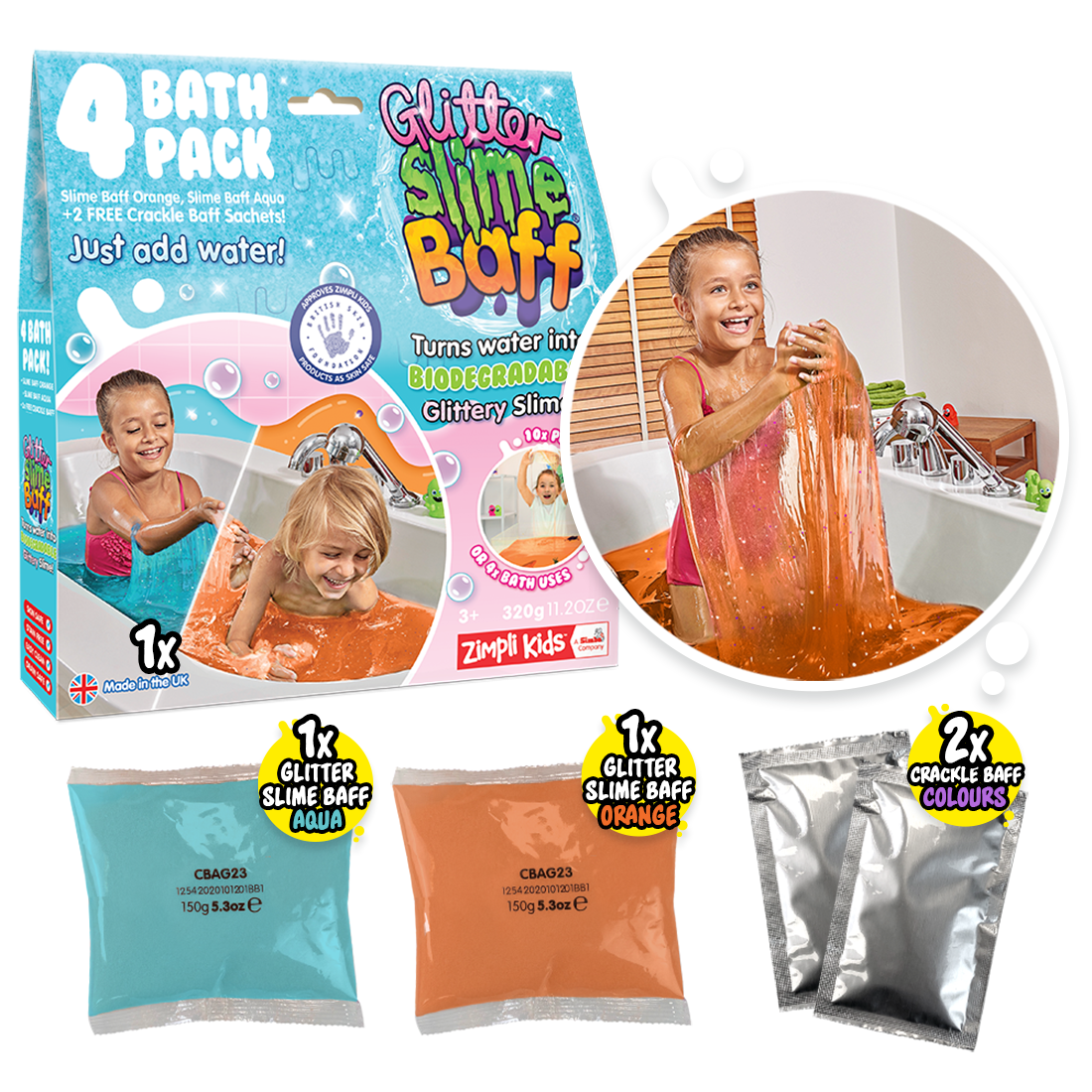 Zimpli Glitter Slime Baff 4 Pack - Aqua & Orange