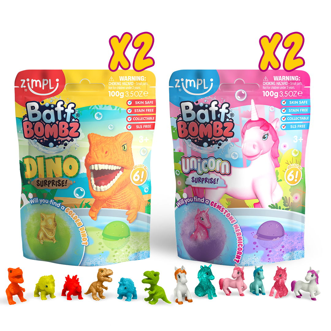 Zimpli Surprise Figure Baff Bombz - 4 Pack (2x Dino 2x Unicorn)